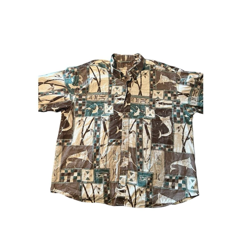Cafe Luna Men’s Oxford Hawaiian Button Shirt Size 2XL Brown AOP Sword Fishing